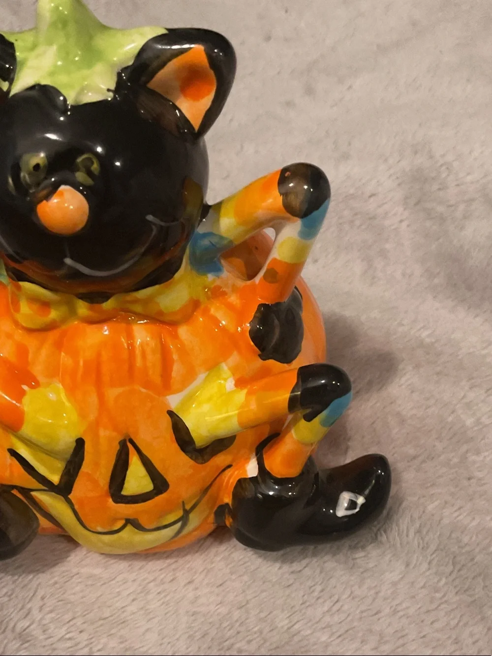 Hand-Painted Ceramic Halloween Cat on Pumpkin